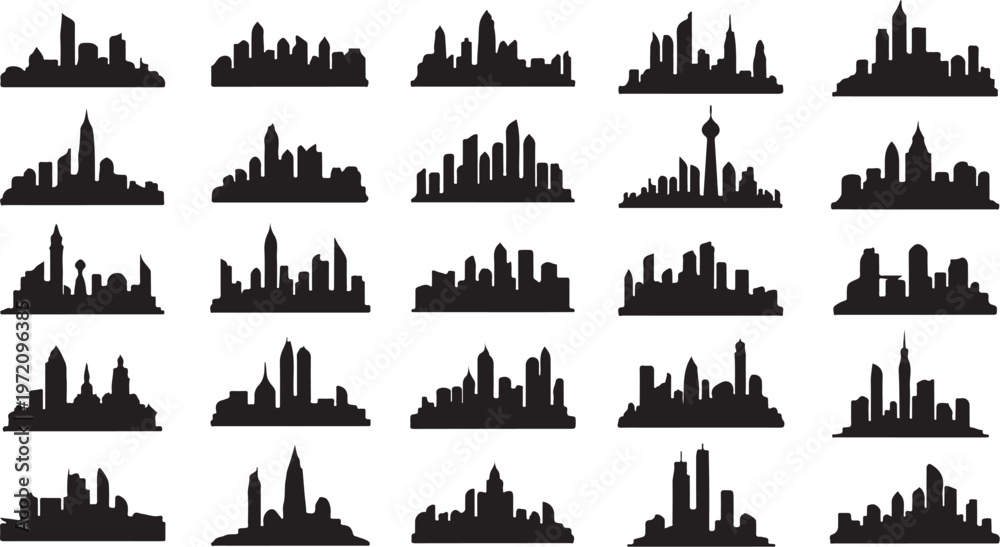 Obraz premium Collection of various city skylines in black silhouette style