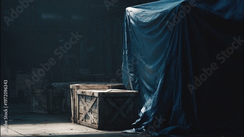 tarpaulin. Dimly lit dock warehouse with wooden crates under a tarp. safety posters, maintenance manuals, designed for precision metalworking and fabrication facilities, clarifies operation.