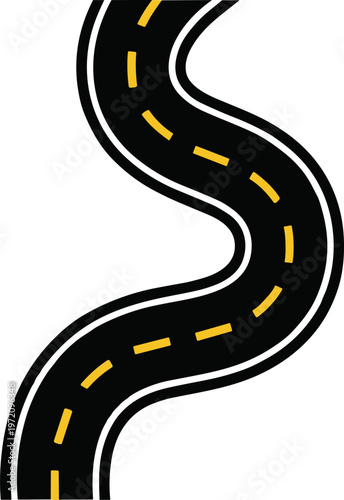 A winding road stretches across the landscape with a yellow dotted line.