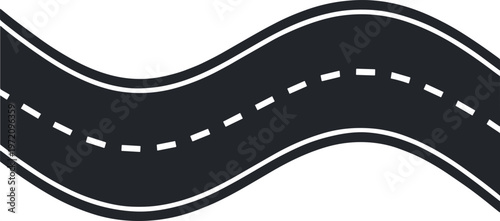 A winding road stretches across the landscape with dashed lines