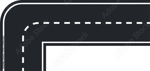 A black and white illustration of a road intersection with dashed lines and curves viewed from a side angle.