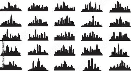 Collection of various city skylines in black silhouette style