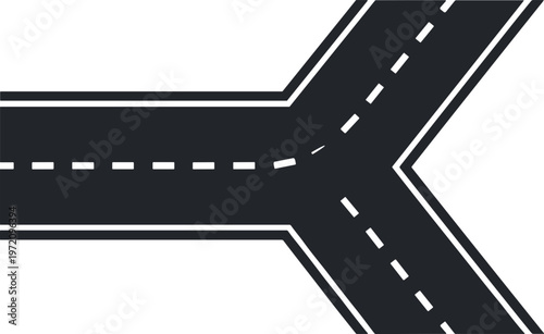 A black road with white markings forks into two paths on a plain background.