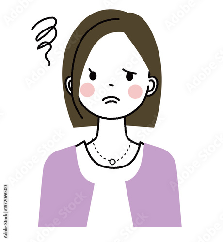 ボブヘアでオフィスカジュアルファッションの女性　モヤモヤしている女性