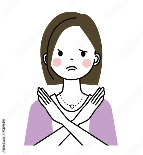 ボブヘアでオフィスカジュアルファッションの女性　手で大きくバツのポーズをしている女性