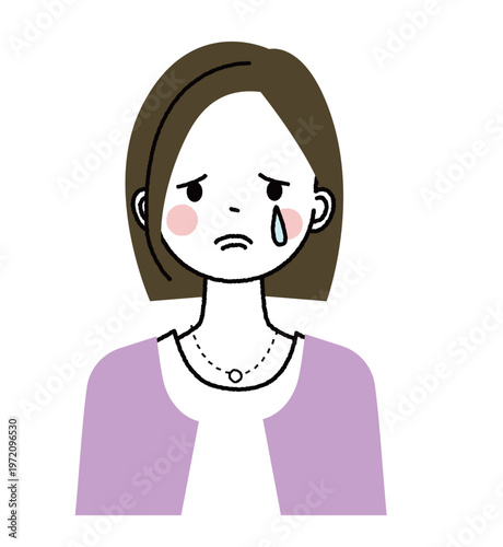 ボブヘアでオフィスカジュアルファッションの女性　涙を流して泣いている女性