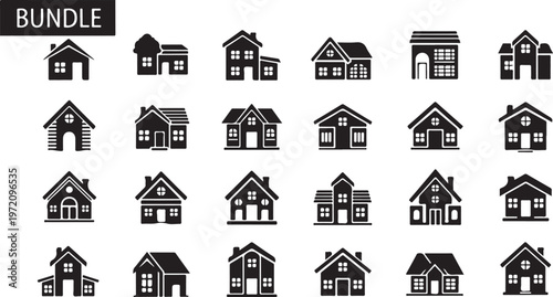 Bundle of various black house icons on white background