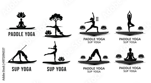 Set of Stand Up Paddle Yoga Silhouette Icons for Wellness and Fitness