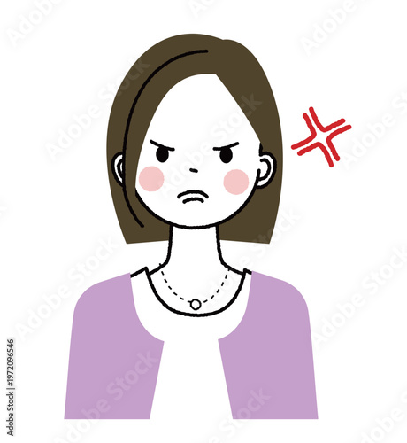 ボブヘアでオフィスカジュアルファッションの女性　むっとした顔で怒っている女性