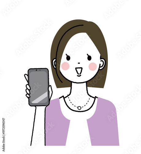 ボブヘアでオフィスカジュアルファッションの女性　スマートフォンの画面を見せている女性