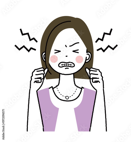 ボブヘアでオフィスカジュアルファッションの女性　イライラしている女性