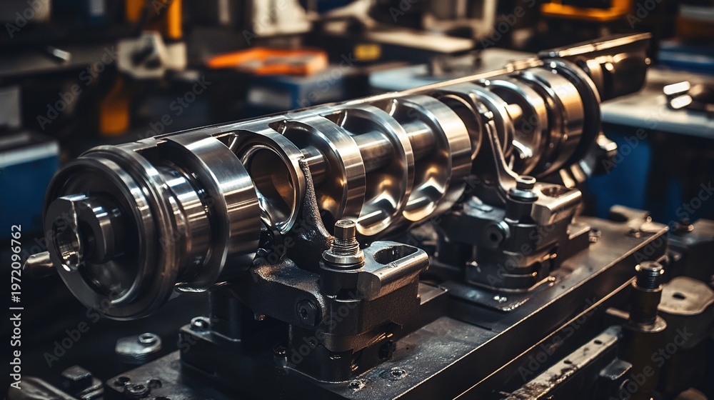 Naklejka premium crankshaft. A polished engine crankshaft under workshop lighting, showing metallic sheen. safety posters, maintenance manuals, designed for industrial assembly lines and welding operations.