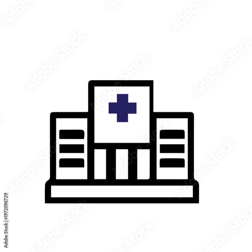 Simple and Clean Line Art Icon of a Modern Hospital Building with a Blue Cross Symbol on the Facade, Representing Healthcare and Medical Services