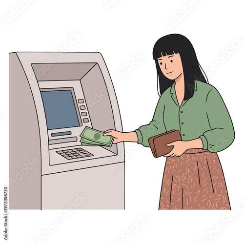 Woman inserting card into ATM to withdraw cash at bank