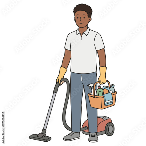 Man holding vacuum and bucket of cleaning supplies indoors with mop and broom
