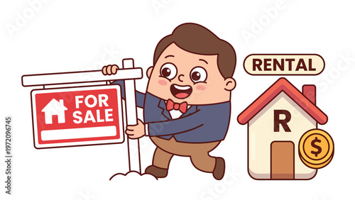 Happy Real Estate Agent with For Sale Sign and Rental House Icons - Property Sales & Rentals Concept