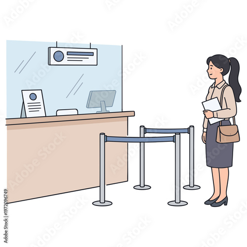 Woman stands in line at airport check-in counter with ticket and luggage