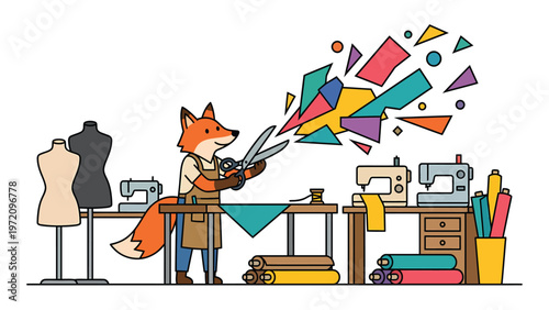 Creative Fox Tailor Cutting Fabric in Sewing Workshop. Flat Design Illustration of Craftsmanship and Fashion.