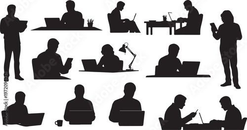 Silhouettes of people working at desks with laptops computers