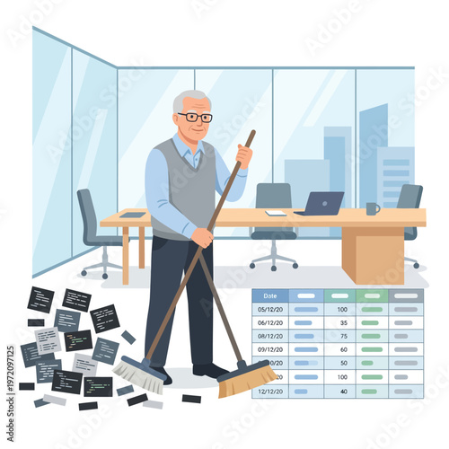 Elderly man sweeping data cards in an office setting.