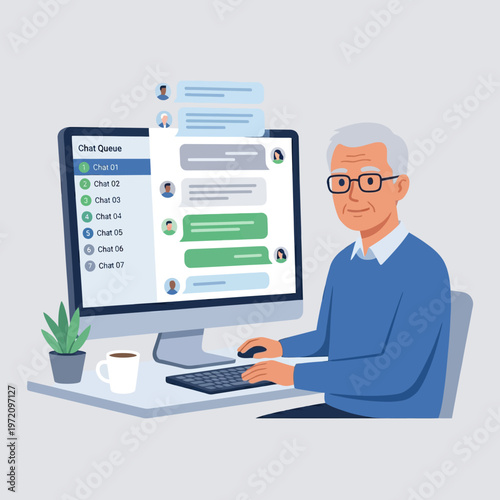 Elderly man using computer for online chat and customer support.