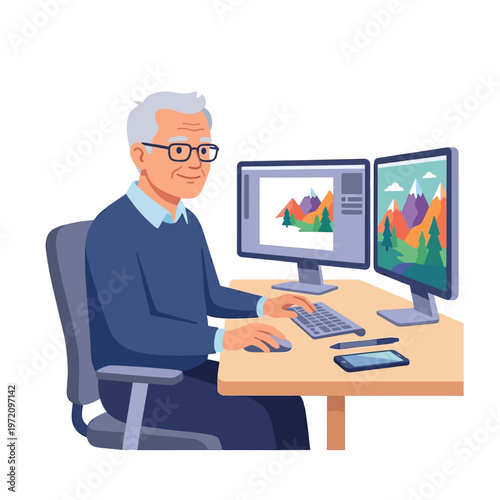 Elderly man working on computer with dual monitors.