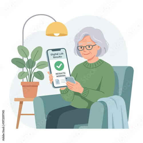 Elderly woman checking health results on smartphone at home.