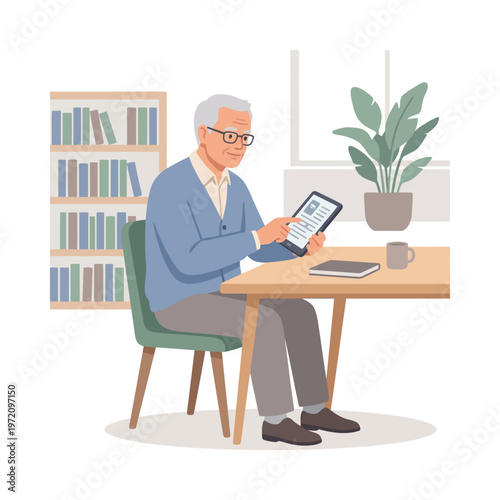 Elderly man with glasses using a tablet at a table.