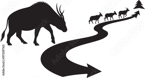 A large rhino leads a group of goats forward