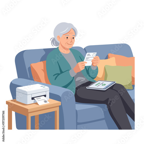Elderly woman printing documents at home, managing personal paperwork.