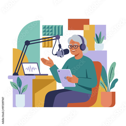 Elderly woman podcasting with microphone and headphones.