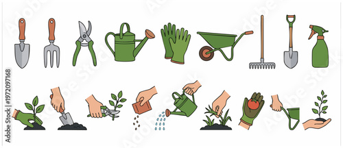 Gardening Tools Set Planting Vector Illustration. Garden Equipment for Growing Plants and Vegetables.  Shovel, Watering Can and Rake with Sprayer.  Flat Design Icons and Agriculture Elements.