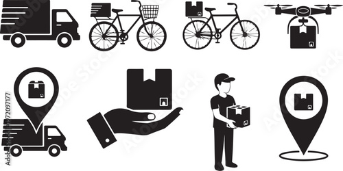 Logistics and delivery icons in black and white color