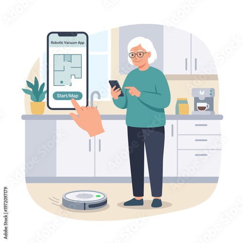 Elderly woman using smartphone to control robot vacuum cleaner.