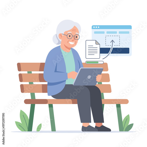 Elderly woman using laptop on park bench for document upload.