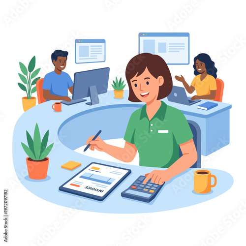 Female accountant diligently working on financial calculations and reports.