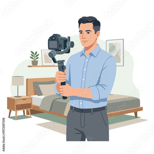 Man holding camera on gimbal stabilizer for professional videography.