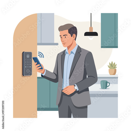 Man in suit using smartphone to control smart lock.
