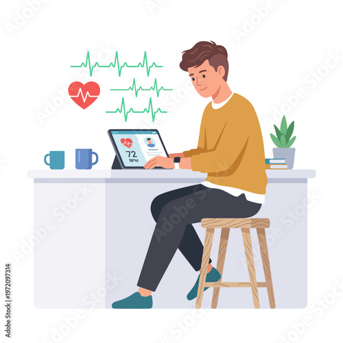 Man monitoring heart rate on tablet and smartwatch.