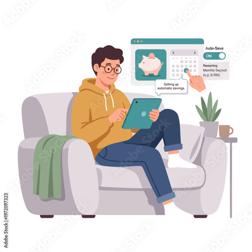 Man managing personal finances and savings on a tablet while relaxing at home.