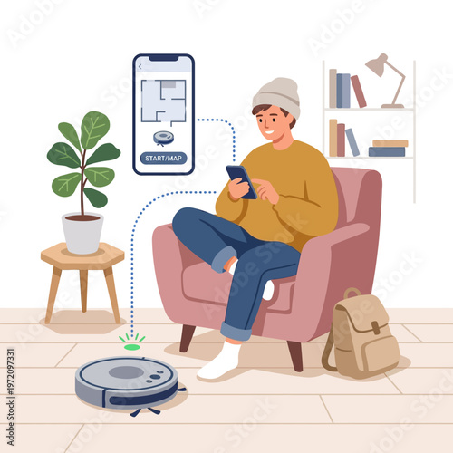 Man relaxing in armchair controlling robot vacuum cleaner with smartphone app.