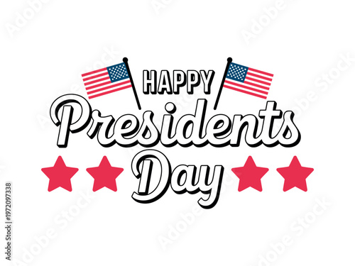 A graphic design celebrating Presidents Day with American flags and stars