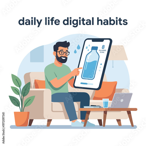 Man tracking daily water intake on a smartphone app at home.