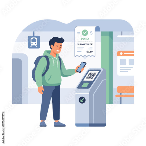 Man using smartphone to scan QR code for public transport ticket.