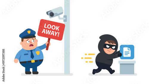 Cartoon police officer distracting surveillance camera while thief steals data. Cybersecurity breach and information theft concept.