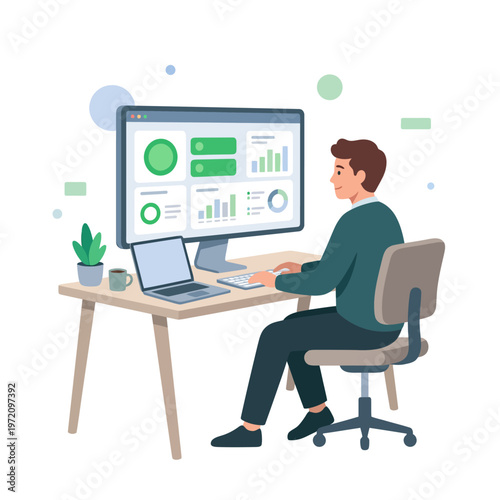 Man working on computer analyzing data and business analytics.