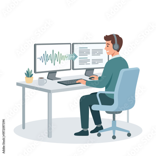 Man working on audio transcription at desk with two monitors.