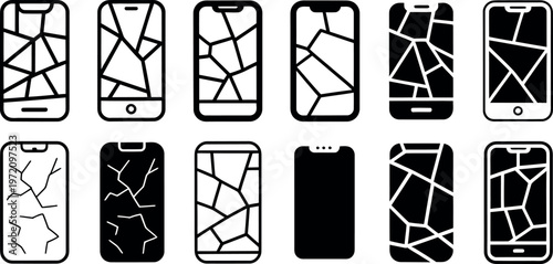 Collection of smartphone screen crack damage illustrations on white background