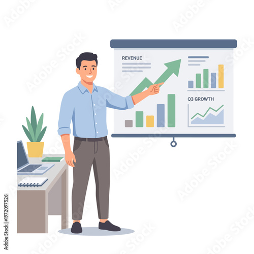 Smiling man presenting business growth chart with upward arrow.