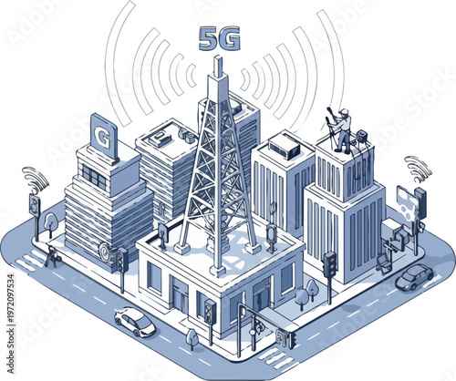 5G Smart City Isometric Vector Illustration with Central Communication Tower and Urban Infrastructure
